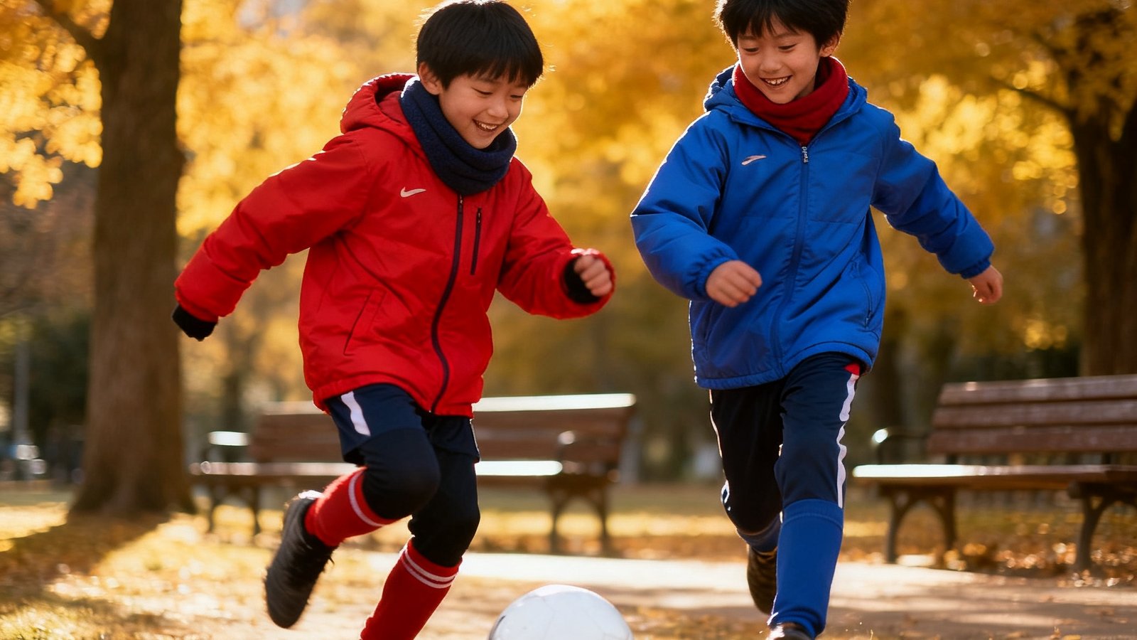 两个穿着保暖运动服的孩子在户外公园里快乐地踢足球，阳光温暖树叶金黄
